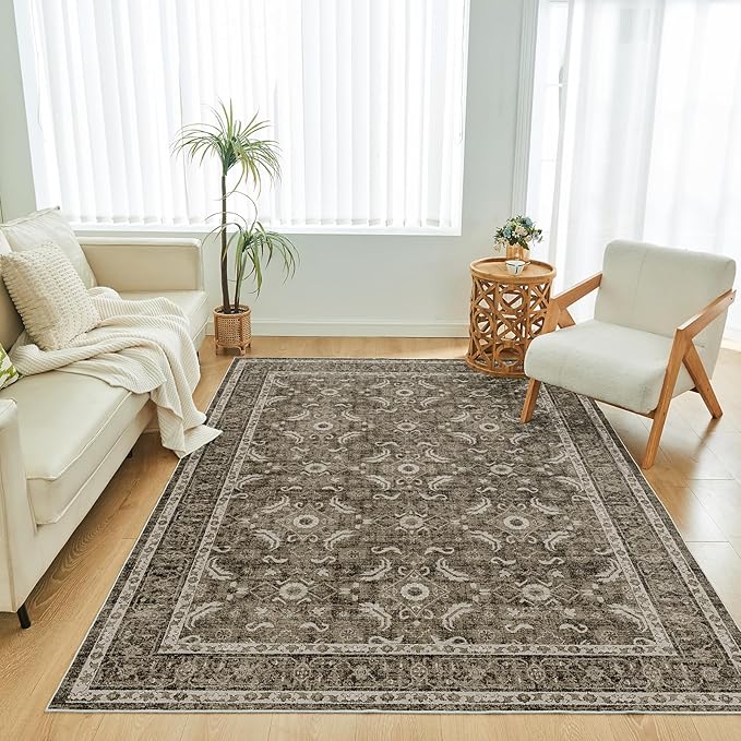 WITSHOCK Living Room Area Rugs 5x8: Soft Non-Slip Backing Washable Rugs Vintage Large Carpet for Bedroom Office Dining Room Kitchen Stain Resistant Home Decor Rug, Dark Brown
