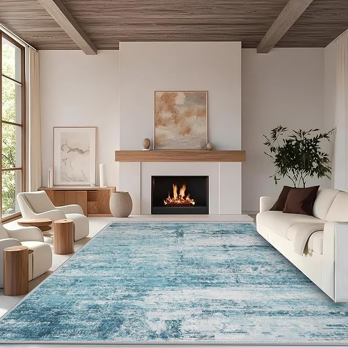 3x5 Abstract Rug for Entryway, Modern Teal Grey Washable Indoor Entry Way Area Rugs, Thin Soft Non-Slip Carpet Door Mat for Dining Room Kitchen Bedroom - Teal+Gray
