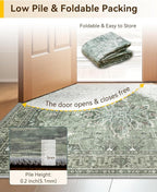 Area Rugs 2'6''x12' Washable Non-Slip, Floral Vintage Distress Print Pattern Medallion Carpet for Living Room Bedroom Dining Room, Dark Green Gray