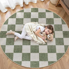 LIVEBOX Checkered Round Rug 6 Ft Washable Area Rug for Playroom, Kids Non-Slip Neutral Classic Circle Rug Geometric Large Carpet Soft Boys Rug for Classroom Dorm Bedroom(Sage Green,180R)
