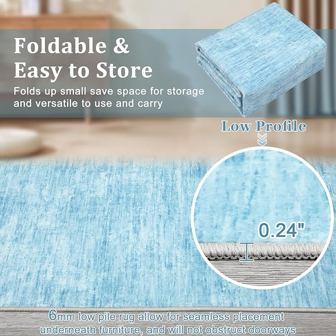 RUGSREAL Living Room Area Rug 9x12 Washable Rug Non-Slip Stain Resistant Modern Abstract Bedroom Rug Contemporary Throw Floor Carpet for Dining Room Solid Area Rug for Home Office, Light Blue