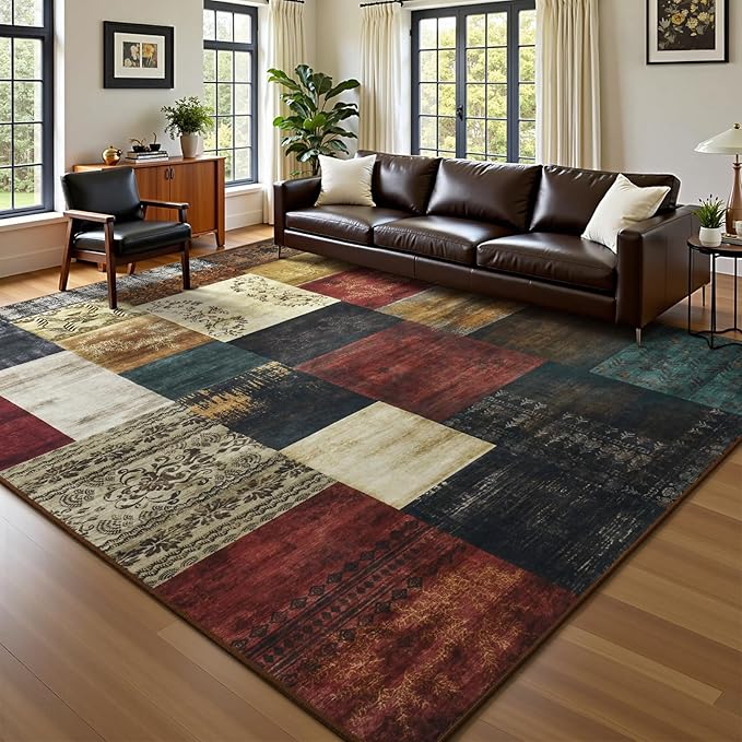 DweIke Washable Area Rugs for Living Room, 5x7 Soft Bedroom Rugs, Geometric Print Non-Slip Modern Rug, Stain Resistant Throw Carpets for Office Nursery Dining Room Home Dorm Decor, Colorful