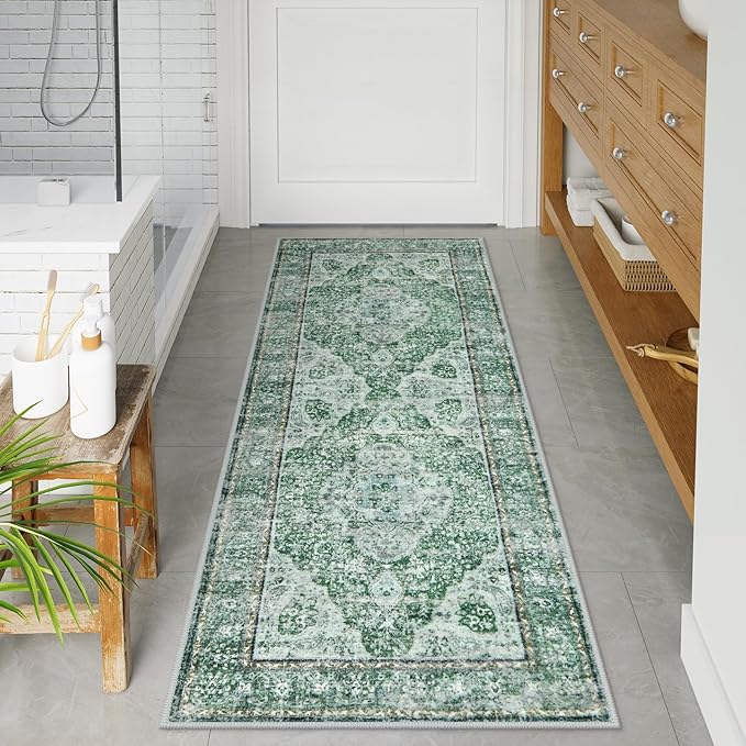 Uphome Bathroom Runner, Distressed Tribal Farmhouse Green Bathroom Mat, Large Bath Rugs Non Slip Washable, Oriental Retro Boho Bath Mat Runner for Bathtub Sink Laundry, 24x59 inch