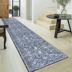 KILOCOCO Hallway Runner 2.6x18 Rug Runner Printed Vintage Floral Washable Kitchen Runners Non-Slip Rubber Backed Runners for Hallways Laundry Room Distressed Boho Rugs for Bedroom, Blue