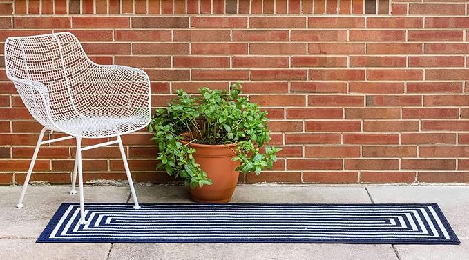Unique Loom Sabrina Soto Outdoor Collection Geometric, Modern, Vibrant, Carved Area Rug (2' 0 x 6' 0 Runner, Navy Blue/ Ivory)