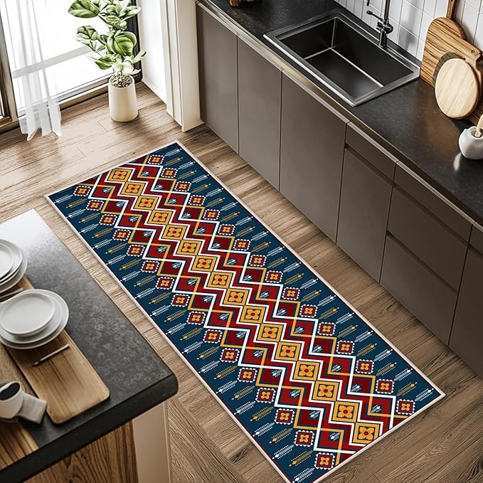 Dark Blue Runner Rug, 3x12ft Red Yello Diamond Hallway Decor Carpet, Corridor & Foyer Long Accent Rug, Entrance Non-Slip Mat Washable Rugs, Southwestern Stylish Home Decor Runner