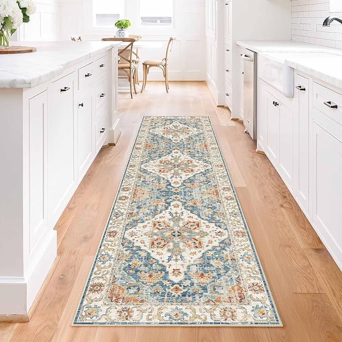 Enkor Runner Rugs for Hallway, 2x8 Washable Soft Non Slip Floor Rugs for Kitchen, Modern Mat for Living Room Bedroom Entryway Orange & Blue