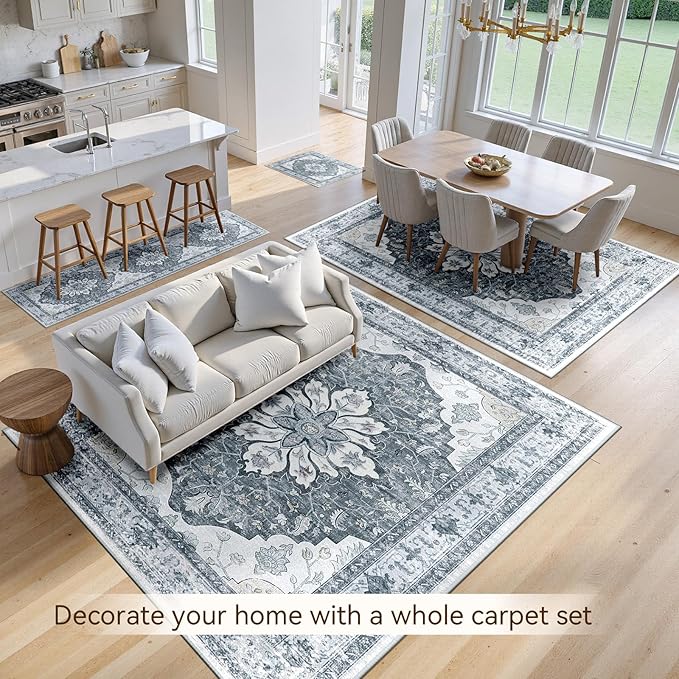 Area Rugs 3'x5' Washable Non-Slip, Floral Vintage Distress Print Pattern Medallion Carpet for Living Room Bedroom Dining Room, Light Gray Grey White
