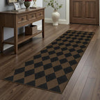 Easy Jute Checkered Runner Rug, 2x6 Coffee Modern Washable Rugs Runner for Hallway Non-Slip Kitchen Runner Rug, Geometric Diamond Indoor Outdoor Carpet for Porch Laundry Entryway