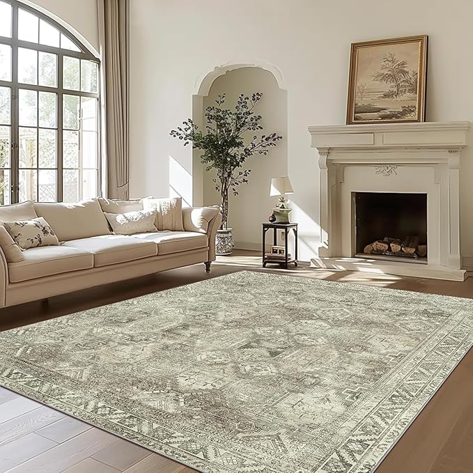 Bavni Runner Rug 2x10, Low Pile Machine Washable Rugs for Hallways, Kitchen, Bedroom, Non Slip Aesthetic Vintage Distressed Print Lightweight Durable Chenille 2x10 Mat, Forgotten Sandstone