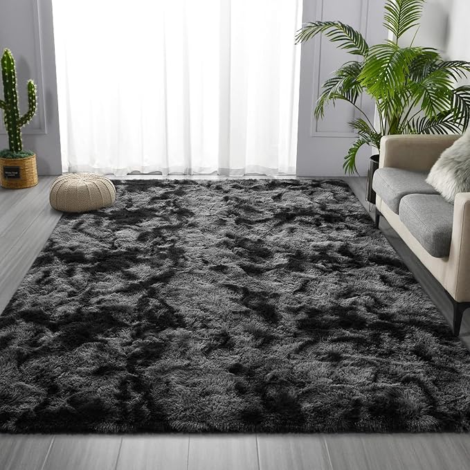 Shag Area Rug, 4 X 6 Tie-Dyed Plush Fuzzy Rugs for Living Room, Ultra Soft Fluffy Furry Rug for Bedroom, Indoor Carpet Nursery Rugs for Kids Room Home Decor, Dark Grey