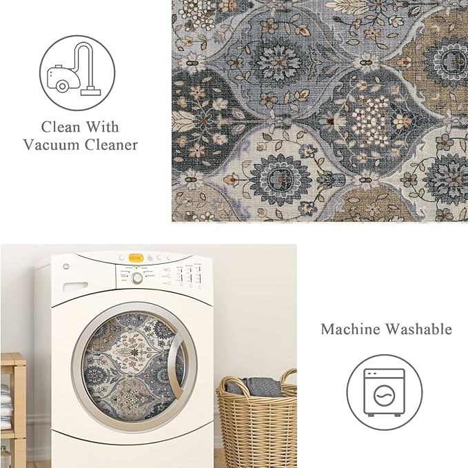 Lahome Moroccan Trellis Washable Area Rugs, 3x5 Rug for Bedroom Entryway Indoor Non-Slip, Small Oriental Accent Carpet for Living Room Kitchen Bathroom Office, Grey