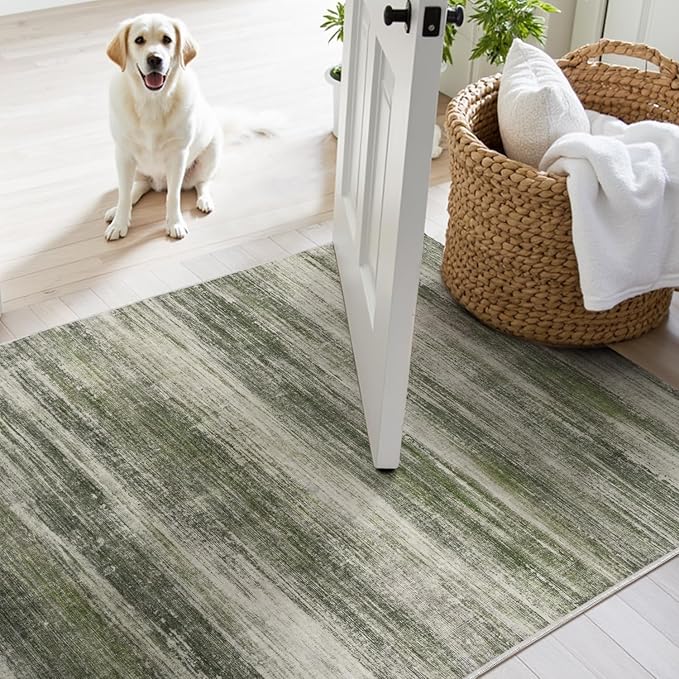 PADOOR Modern Abstract Runner Rug - 2x10 Washable Hallway Rugs, Ultra Soft Non-Slip Low Pile Floor Rugs for Hallway Entryway Kitchen Bedroom Bedside Laundry Room Green