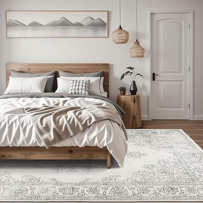 ReaLife Rugs Machine Washable Area Rug - Living Room Bedroom Bathroom Kitchen Entryway Office - Padded Low Pile Stain Resistant Premium - Boho Farmhouse Vintage - Paige - Ivory 4' x 6'