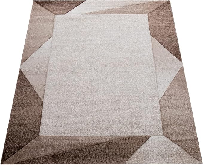 Paco Home Modern Area Rug Bordered with Geometric Pattern in Brown Beige with Contour Cut, Size: 2'8" x 9'10"