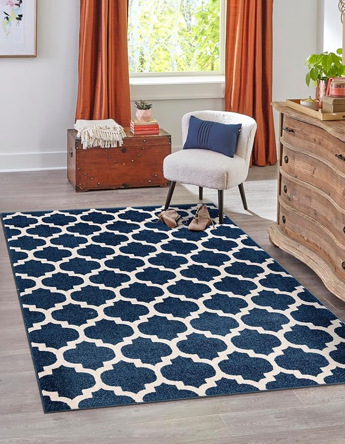 Rugs.com Lattice Collection Rug – 10x13 Dark Blue Medium-Pile Rug Perfect for Living Rooms, Large Dining Rooms, Open Floorplans