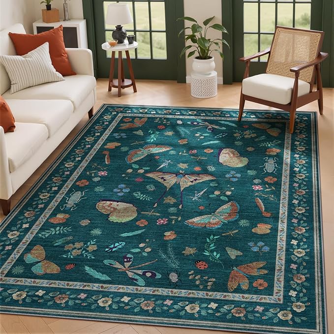 5x8 Insect Print Entryway Rug - Indoor Non-Slip Low Pile Machine Washable Bug Rug for Front Door, Living Room, Bedroom, Kitchen, Nursery, Laundry (5'x8' Teal)