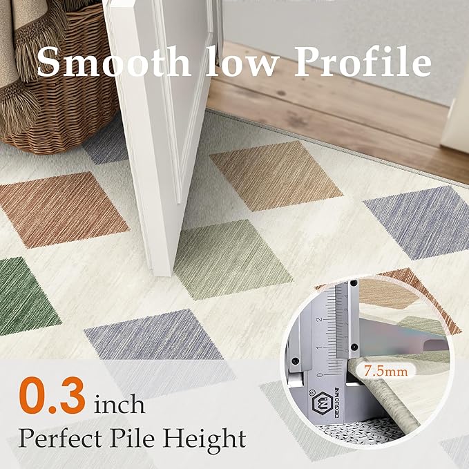 3x8 Runner Checkered Rug for Hallways Colorful Washable Long Carpet Non-Slip Low Pile Boho Indoor Accent Throw Rug for Entrance Kitchen Bedroom Dining Laundry