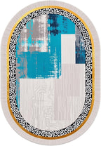 Vintage Luxury Grey Blue Gold Abstract Geometric Texture Oval Area Rug 12x14 for Living Room Bedroom Dining Room Minimalist Bordered Large Rugs Nursery Dorm Kitchen Entryway Soft Non Skid Floor Carpet