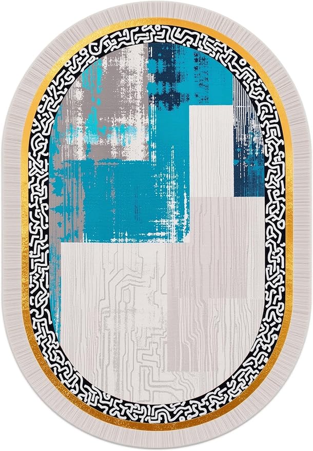 Vintage Luxury Grey Blue Gold Abstract Geometric Texture Oval Area Rug 9x12 for Living Room Bedroom Dining Room Minimalist Bordered Large Rugs Nursery Dorm Kitchen Entryway Soft Non Skid Floor Carpet