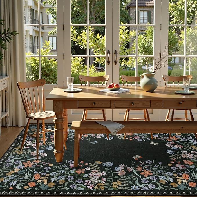 Lahome Boho Floral Black Washable 8x10 Area Rugs for Living Room, Non Slip Rugs for Bedroom, Indoor Throw Dining Room Carpet for Under Table Home Office Playroom(Black,8x10)