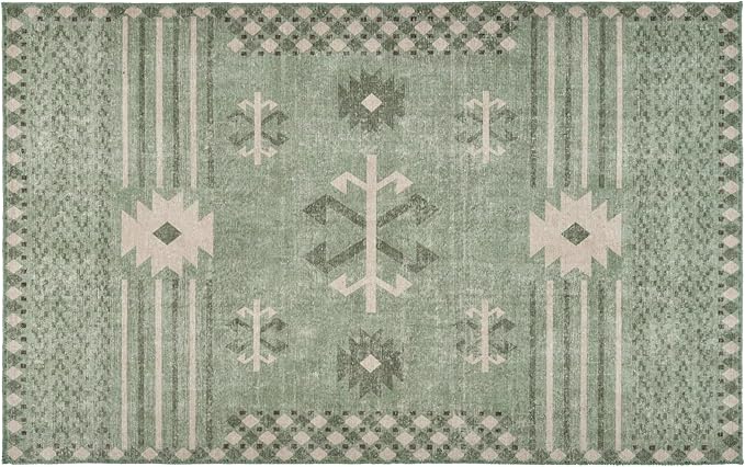 Revival Rugs Flam 4'x6' Zero-Shedding Area Rug for Living Room Bedroom - Oeko-TEX Certified, Low Pile, Spot Clean, Green