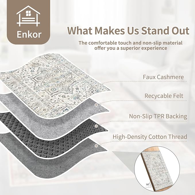 Enkor Runner Rugs for Hallway, 2x6 Washable Soft Non Slip Floor Rugs for Kitchen, Modern Mat for Living Room Bedroom Entryway White & Grey