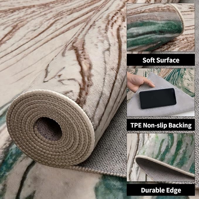 Ciicool 2x6 Washable Runner Rug, Modern Abstract Soft Hallway Rugs Runner, Non-Slip Thin Accent Rug Lightweight Green Swirls Print Distressed Carpet for Laundry Entryway Bedroom Kitchen Indoor