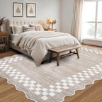 GarveeHome 10x13 Area Rug Large Living Room Scalloped Rug Non Slip Low Pile Bedroom Throw Carpet Soft Modern Bordered Dining Room Rug Stain Resistant Boho Carpet for Home Office, Fog