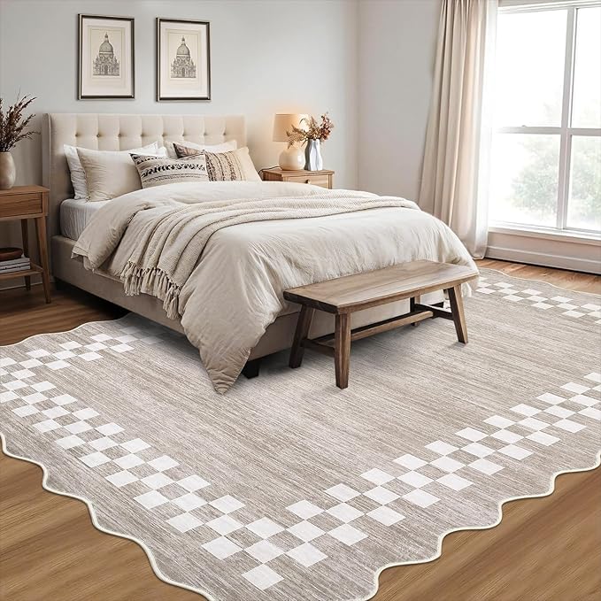 GarveeHome Washable Rug 5x7 for Living Room Large Bedroom Scalloped Rug Non Slip Stain Resistant Modern Border Throw Carpet Soft Boho Rug for Dining Room Nursery Home Office, Fog