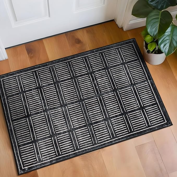 Rugshop Bohemian Stripe Lines Washable Non Slip Area Rug 2' x 3' Black