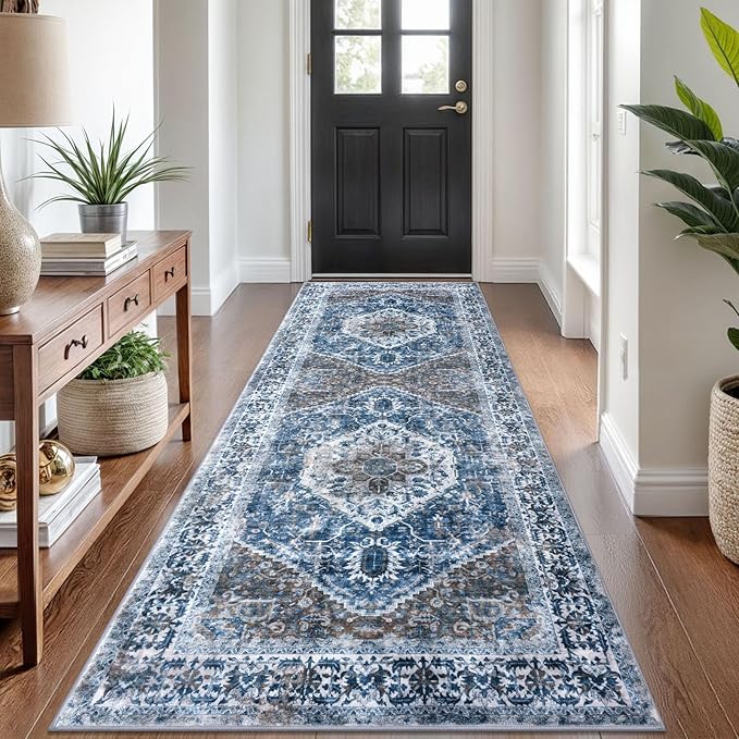 KOZYFLY Runners for Hallways 3x8 Ft Washable Kitchen Runner Rug Boho Runner Rug for Entryway Indoor Blue Printed Oriental Faux Wool Floor Carpet Runner for Bedroom Kitchen Hall