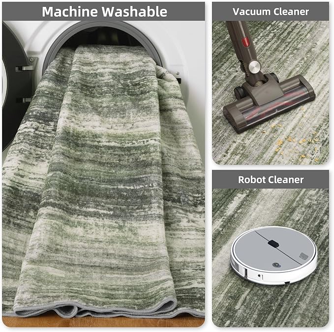 PADOOR Modern Abstract Runner Rug - 2x8 Washable Hallway Rugs, Ultra Soft Non-Slip Low Pile Floor Rugs for Hallway Entryway Kitchen Bedroom Bedside Laundry Room Green