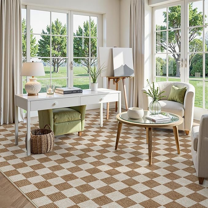 LIVEBOX 9x12 Area Rugs for Living Room, Checkered Non-Slip Washable Rugs, Farmhouse Neutral Classic Geometric Large Boys Area Rug for Bedroom, Carpet for Living Dining Room Office(Brown,9'x12')