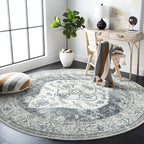Lahome Boho Round Rugs - 6ft Washable Round Area Rugs for Living Room Grey Non-Slip Throw Dining Room Rug Large Circle Bedroom Rug, Oriental Distressed Print Indoor Rug Round for Entryway Office