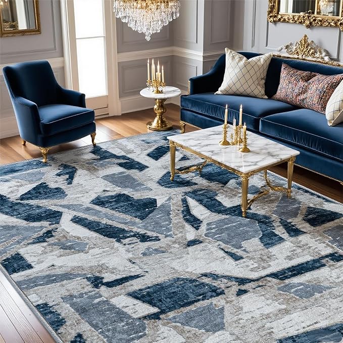 Modern Abstract Blue 5X7 Area Rug for Living Room Bedroom Washable, with Non-Slip Rubber Backing Print Faux Wool Thin, Throw Large Carpet for Kids Playroom Dining Room Pet & Child Friendly