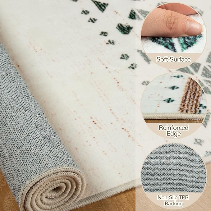BESTSWEETIE 2x8 Area Rugs for Living Room Washable Moroccan Farmhouse Neutral Geometric Low Pile Non-Slip Soft Print Pattern Rug for Bedroom Kitchen Dining Room Entryway Green/Brown