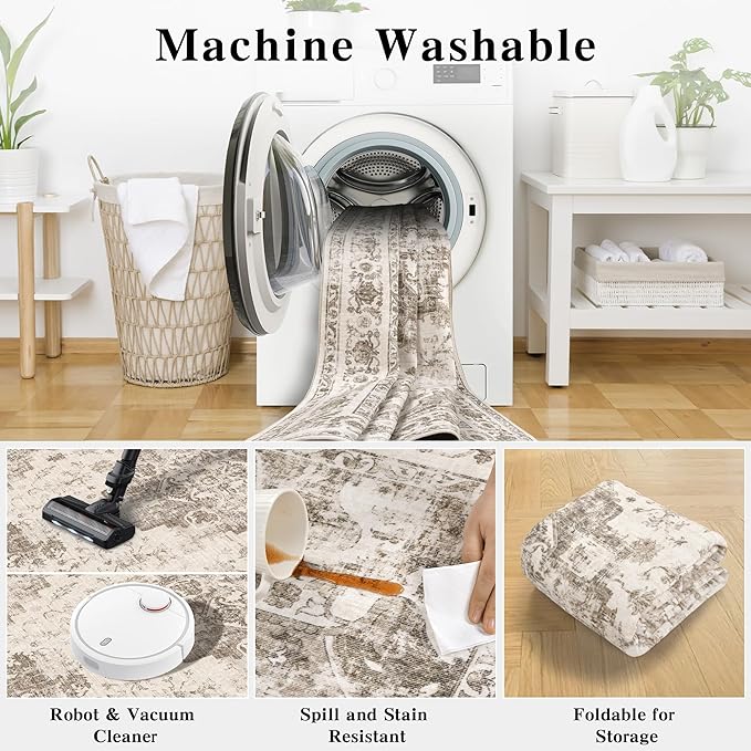 2x3 Vintage Washable Area Rugs for Entryway Soft Non-Slip Bath Mat Boho Medallion Distressed Retro Accent Carpet Floral Low Pile Indoor Throw Rug for Kitchen Laundry Living Room Bedroom, Taupe