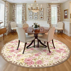 6ft Round Machine Washable Area Rug for Living Room, Pink Vintage Boho Floral Rug Large Non-Slip Low Pile Soft Faux Wool Carpet, Kids and Pets Friendly for Bedroom Nursery Farmhouse Home Decor Rug