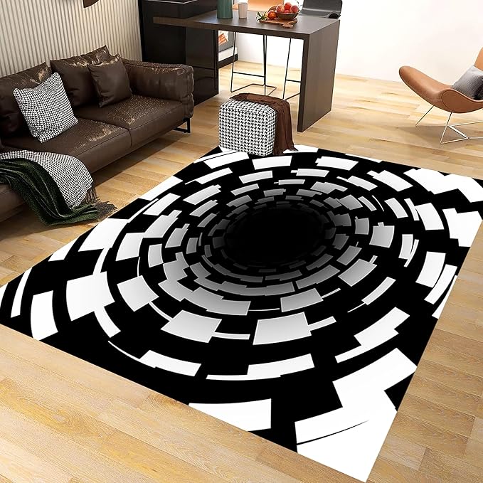3D Illusion Swirl Area Rugs, 4x6ft, Modern Abstract Grid Black Hole Living Room Carpet, Geometric Black White Check Washable Carpets, Ultra Soft Cozy Shed Resistant Mat for Indoor