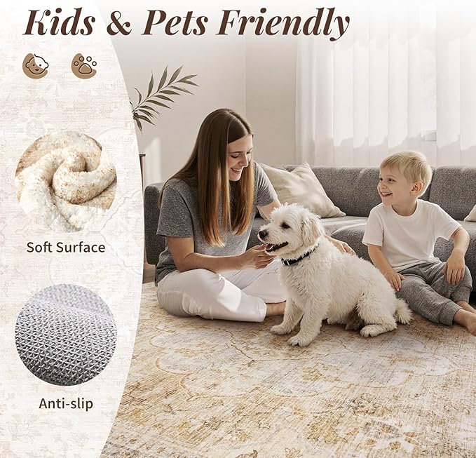 tchdio 2x3 Entryway Rug, Non Slip Front Door Mat Small Washable Rugs, Soft Low Pile Small Area Rug Vintage Doormat, Stain Resistant Rug for Entrance, Kitchen (Beige, 2'x3')