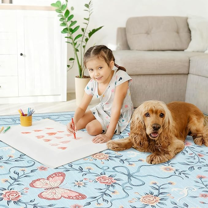 GarveeHome 8x10 Area Rugs for Living Room Washable Rugs Non Slip Stain Resistant Bedroom Floral Rugs Low Pile Soft Dining Room Throw Carpet Blue Bow Large Carpet for Home Office Decor, 8x10