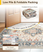 Area Rugs Square 7ft Washable Non-Slip, Floral Vintage Distress Print Pattern Medallion Carpet for Living Room Bedroom Dining Room, Beige Navy Blue Orange Colorful