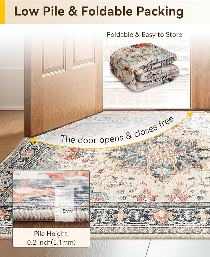 Area Rugs 2'6''x14' Washable Non-Slip, Floral Vintage Distress Print Pattern Medallion Carpet for Living Room Bedroom Dining Room, Beige Navy Blue Orange Colorful