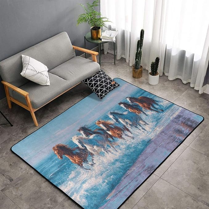 Horse Run Gallop in Waves Ocean Area Rug Washable Outdoor Rugs Anti-Slip Soft Carpet Entryway Indoor Door Mat for Bedroom,Living Room,Porch,Terrace and Entrance Decor 3'x 2'