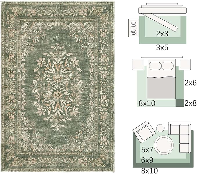 jinchan Green 4x6 Area Rugs Vintage Floral Design - Machine Washable Distressed Soft Ultra-Thin Low-Pile Non-Slip Carpet for Entryway Kitchen Bedroom Nursery Living Room Dining Room (4x6ft,Green)