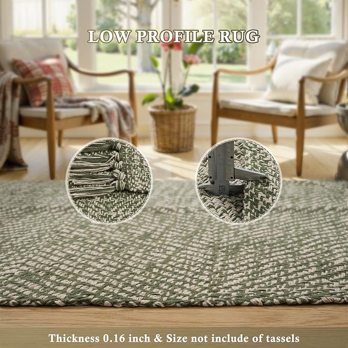 Collive Long Hallway Runner Rug 2.6' x 7', Washable Rugs Indoor Entryway Runner Rug, Modern Natural/Green Kitchen Runner Rugs Cotton Braided Low-Profile Bedroom Carpet for Laundry Room Bathroom