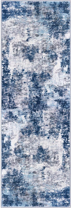 Modern Abstract Runner Rug 2x5, Grey Navy Blue Multi Washable Kitchen Runner Entryway Rug Mat Non-Slip Soft Hallway Rug Runner Thin Print Faux Wool Carpet for Bedroom Laundry Room Indoor