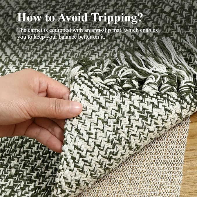 Collive Washable Kitchen Runner Rug, Modern Farmhouse Hand Woven Entryway Rugs Non Slip, Cotton Reversible Bathroom Carpet for Bedroom Hallway Foyer Back Door Decor, 2 x 4.3 ft Olive Green/Cream
