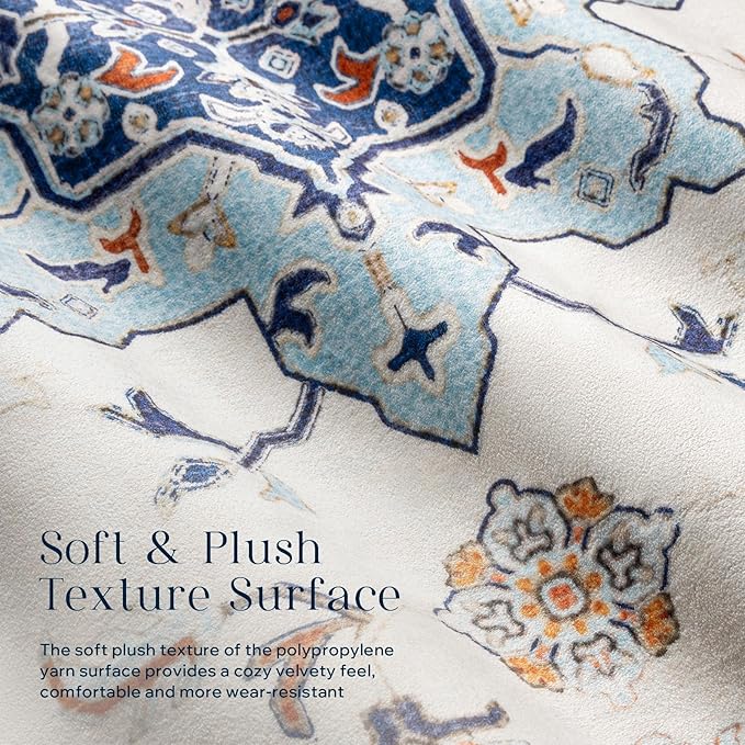 Phantoscope Washable Area Rug 6'x9' Non-Slip, Vintage Boho Rugs for Living Room, Bedroom, Dining Room, Medallion Persian Symmetrical Pattern, Low-Pile Foldable Floor Carpet, Ivory Blue/Orange